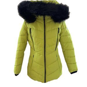 GUESS Women's Puffer Hoodie Jacket Size M Lime Removable Faux-Fur Trim Cozy Y2K